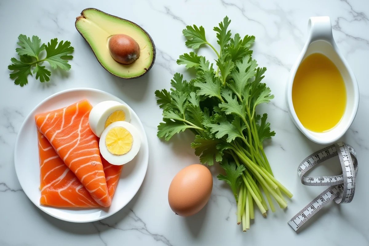 Aliments sains pour le jeûne intermittent - oeufs, saumon, avocats et légumes verts