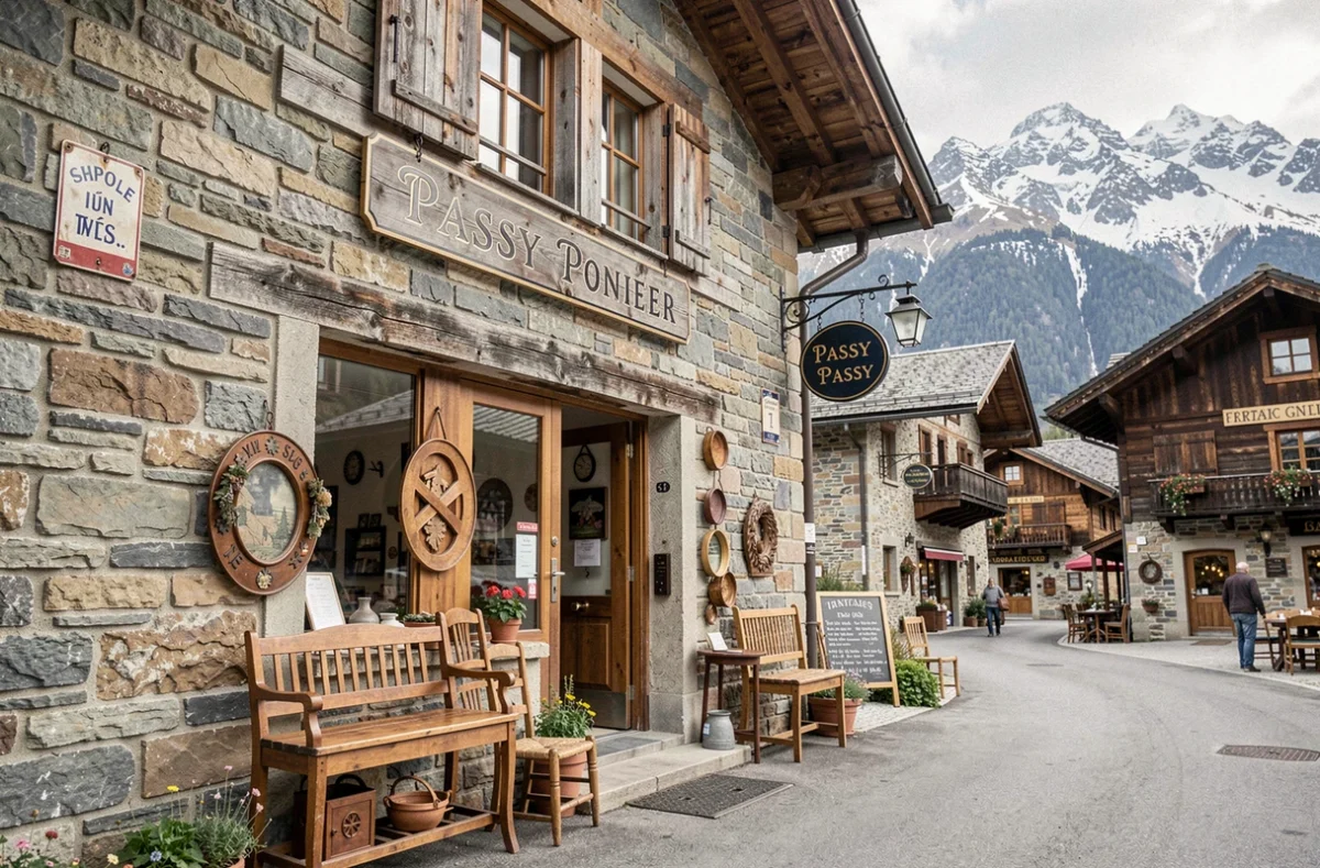 Façade de la boutique Alpes Antiquités à Passy avec mobilier alpin vintage et décor de montagne