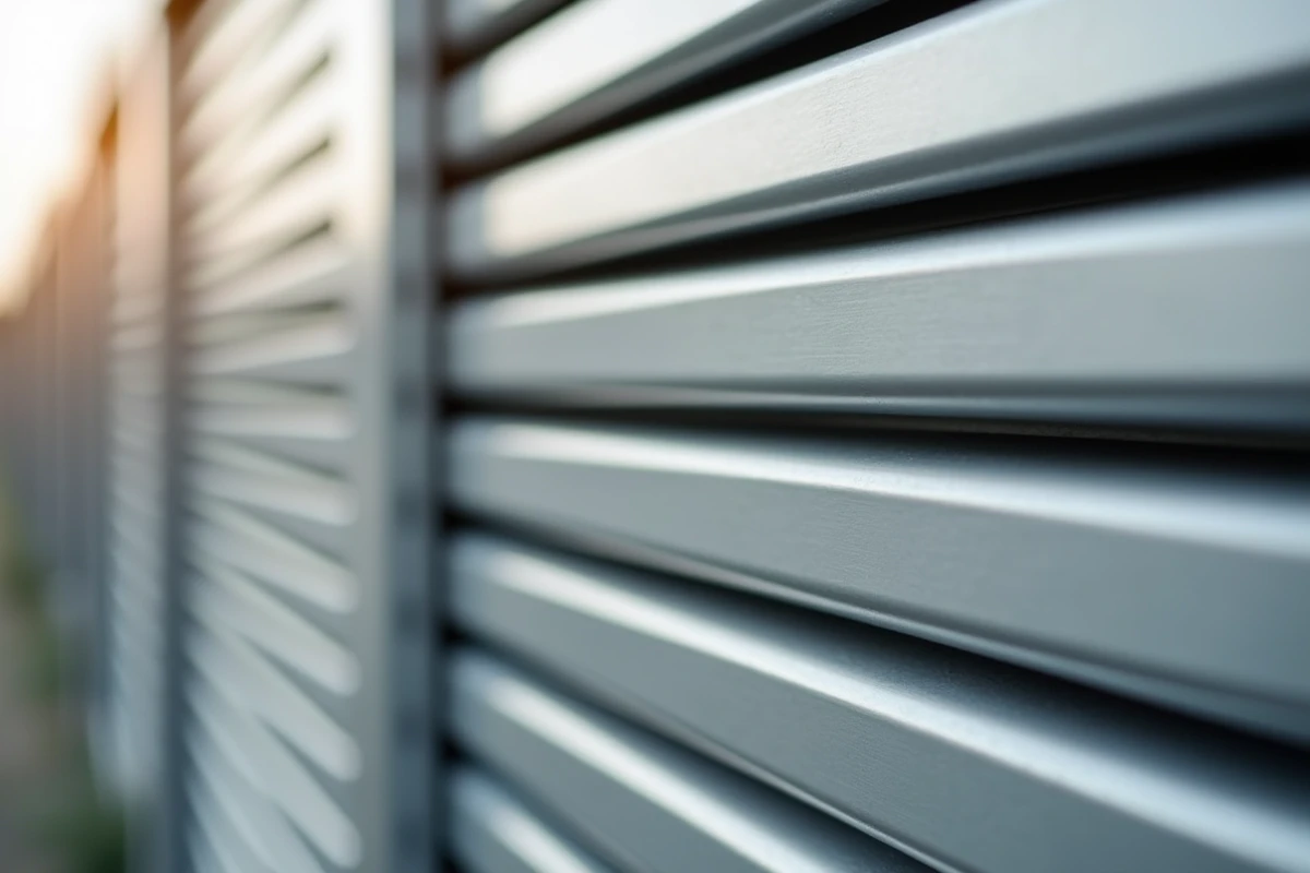 Détail des panneaux de clôture en aluminium avec lames horizontales et finition métallisée