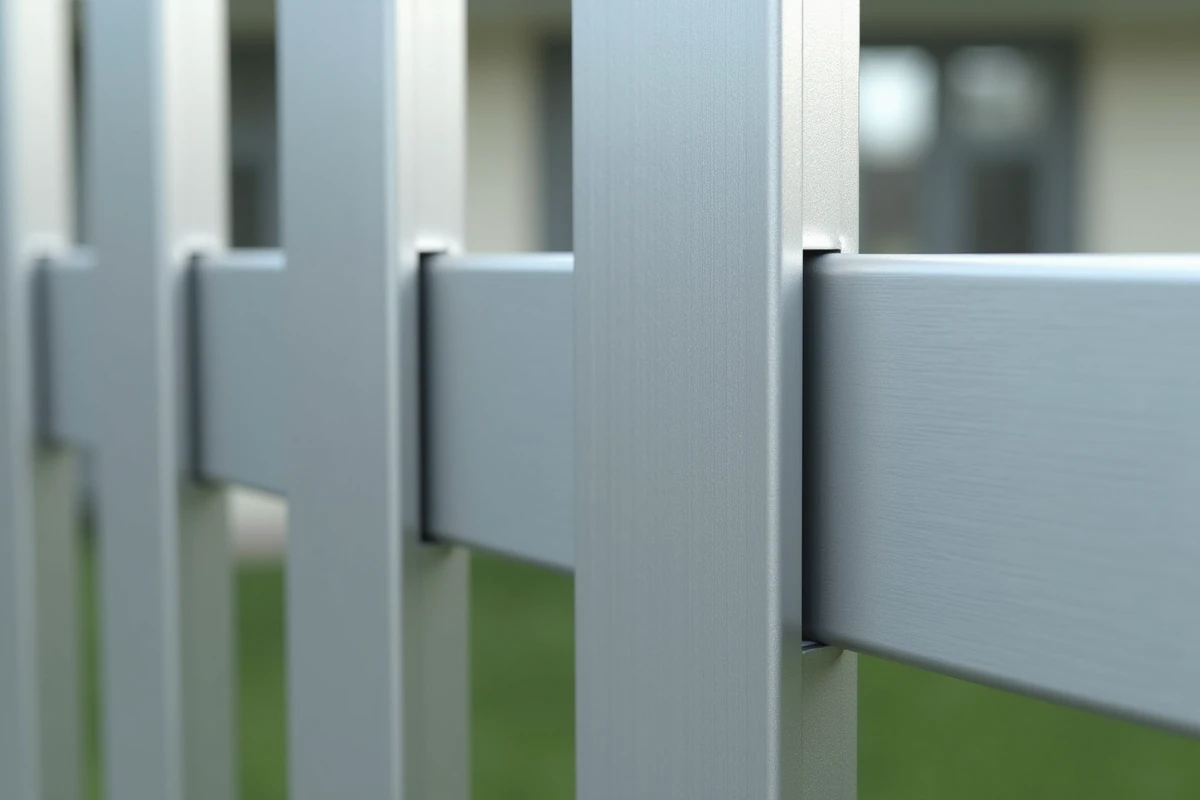 Détail rapproché d'une clôture en aluminium montrant sa finition durable et sans entretien