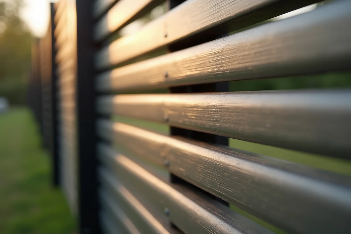 Détail rapproché d'une clôture en aluminium avec panneaux à lames horizontales métallisées
