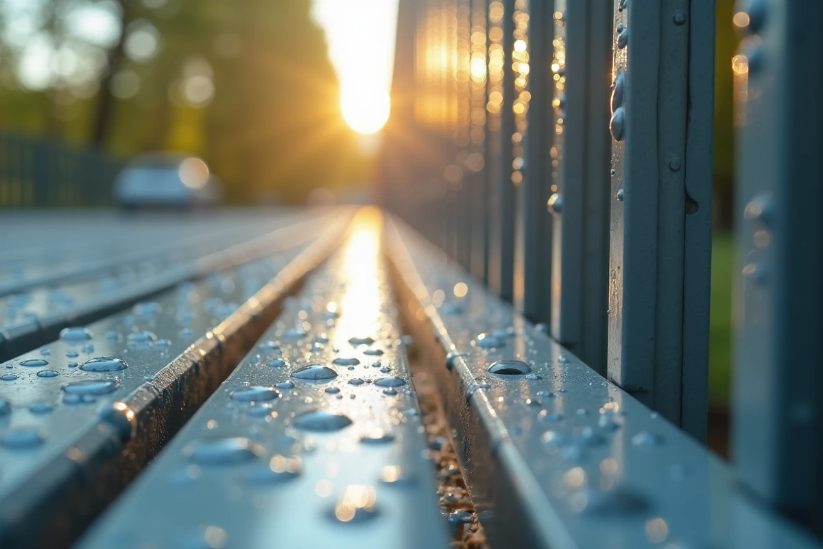 Détail d'une clôture en aluminium montrant sa surface imperméable et sans entretien