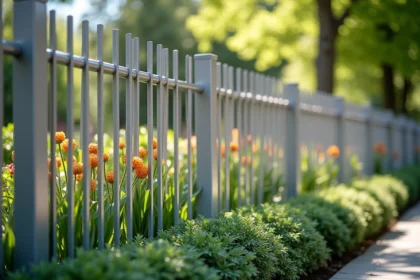 Clôture en aluminium moderne entourant un jardin paysagé avec fleurs et plantes vertes