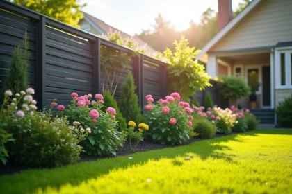 Clôture en aluminium moderne entourant un jardin résidentiel avec pelouse verte et plantes fleuries