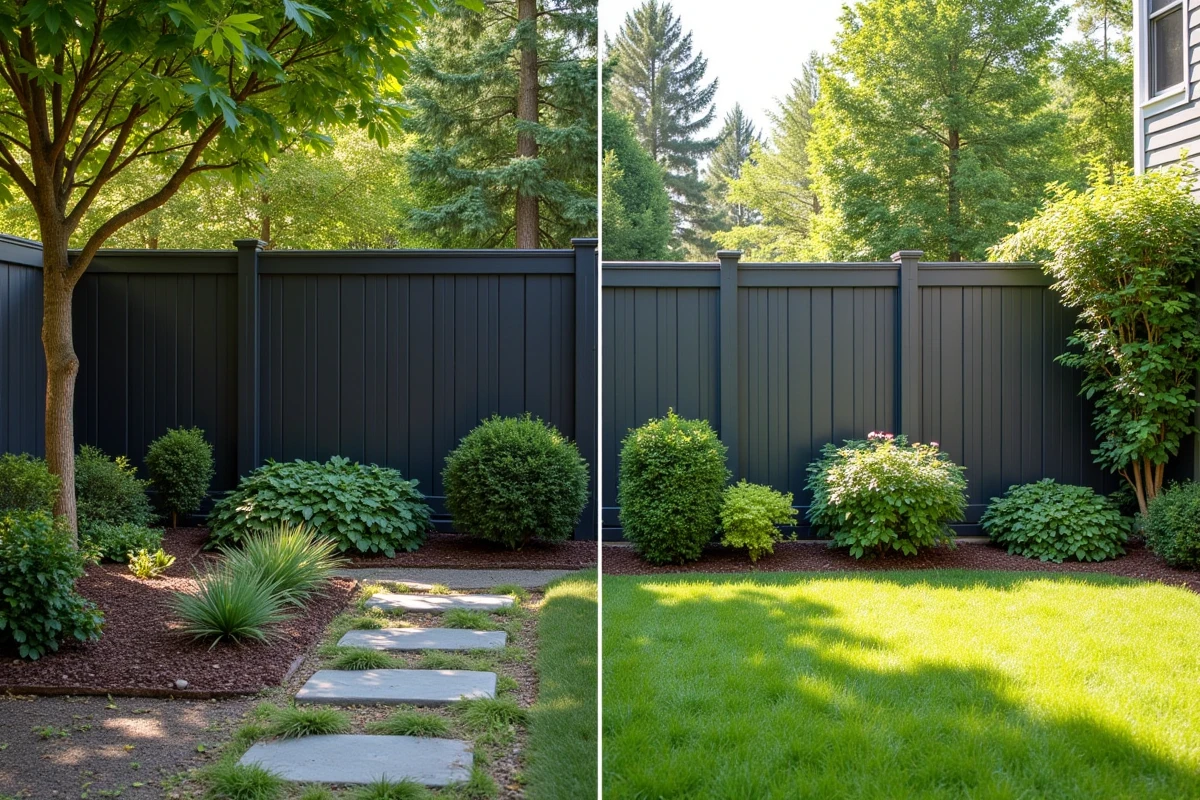 Transformation d'un jardin avec installation de clôture en aluminium montrant l'amélioration esthétique
