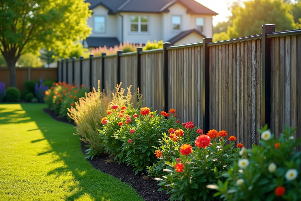 Clôture aluminium encadrant un jardin paysager avec plantes fleuries et arbustes
