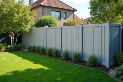 Clôture en aluminium moderne argenté installée autour d'un jardin résidentiel avec pelouse verte