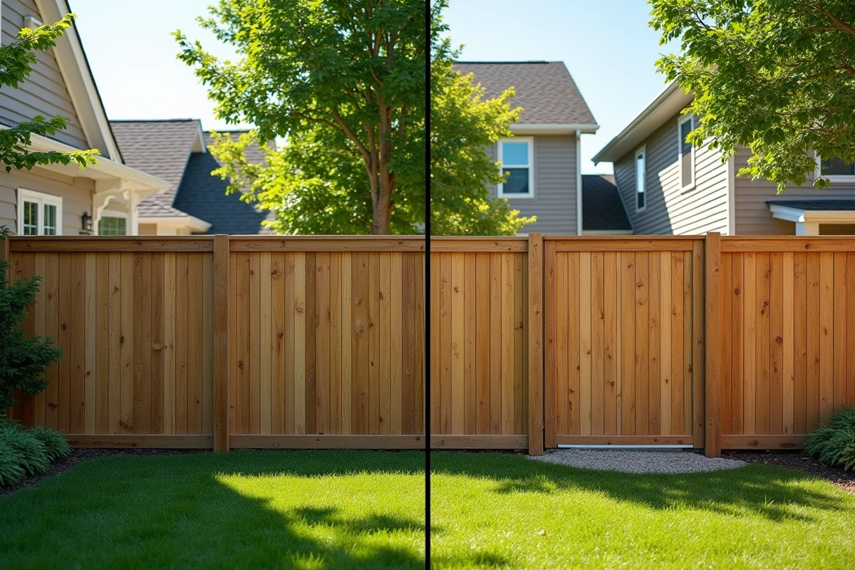 Comparaison entre une clôture aluminium neuve et une ancienne clôture en bois dans un jardin