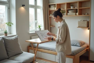 Femme aménageant un studio compact avec des meubles multifonctionnels et un espace optimisé