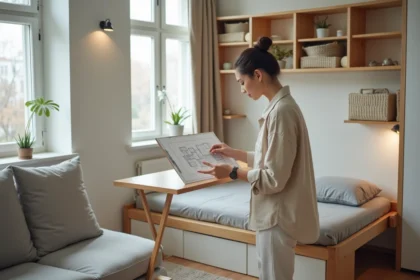 Femme aménageant un studio compact avec des meubles multifonctionnels et un espace optimisé