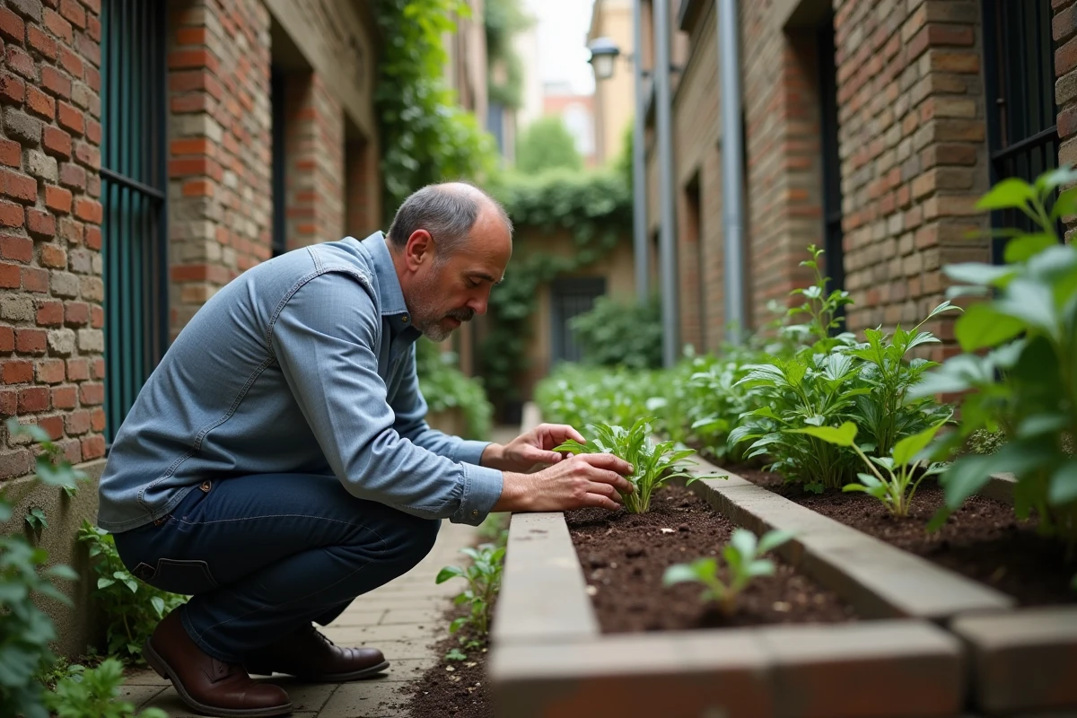 Homme aménageant un petit jardin dans une cour urbaine avec des bacs de culture verticaux et des plantations en hauteur