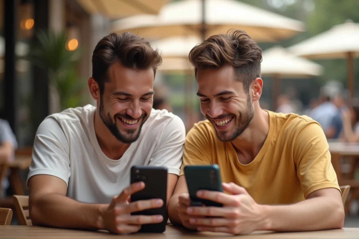 Deux amis comparant deux smartphones premium à une terrasse de café extérieure