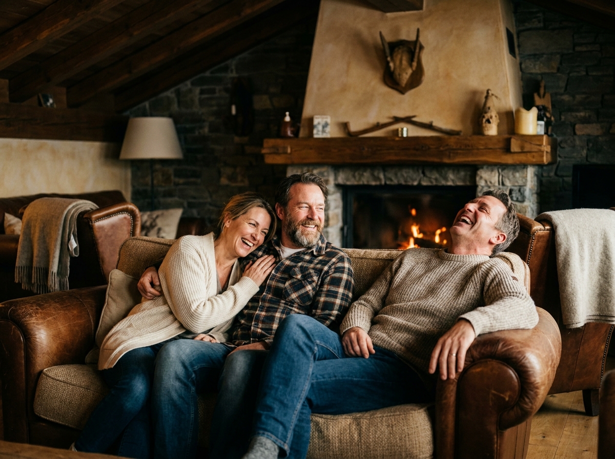 Trois amis rire canapé chalet foyer vacances ski convivialité montagne