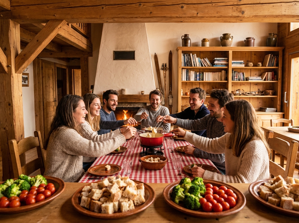 Groupe d'amis dînant ensemble autour d'une fondue dans un chalet alpin chaleureusement meublé