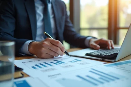 Homme d'affaires analysant des documents financiers et des graphiques d'investissement immobilier à son bureau