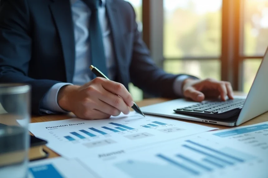 Homme d'affaires analysant des documents financiers et des graphiques d'investissement immobilier à son bureau