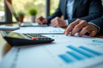 Homme d'affaires analysant des documents financiers et des graphiques d'investissement immobilier collectif