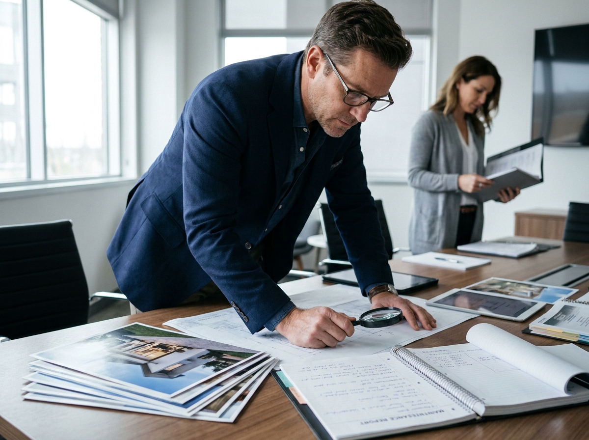 Analystes immobiliers étudiant des rapports de maintenance et photographies de propriétés à gérer