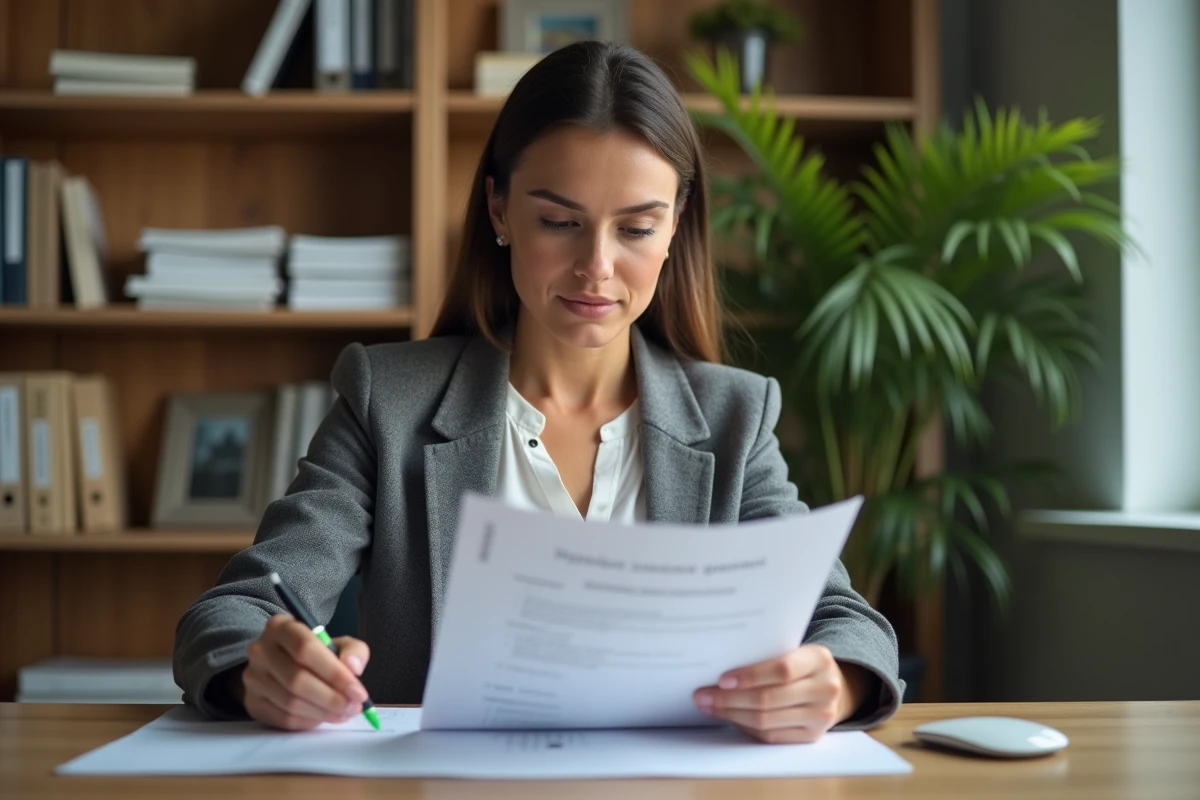 Femme analysant les garanties d'un contrat de mutuelle santé à son bureau