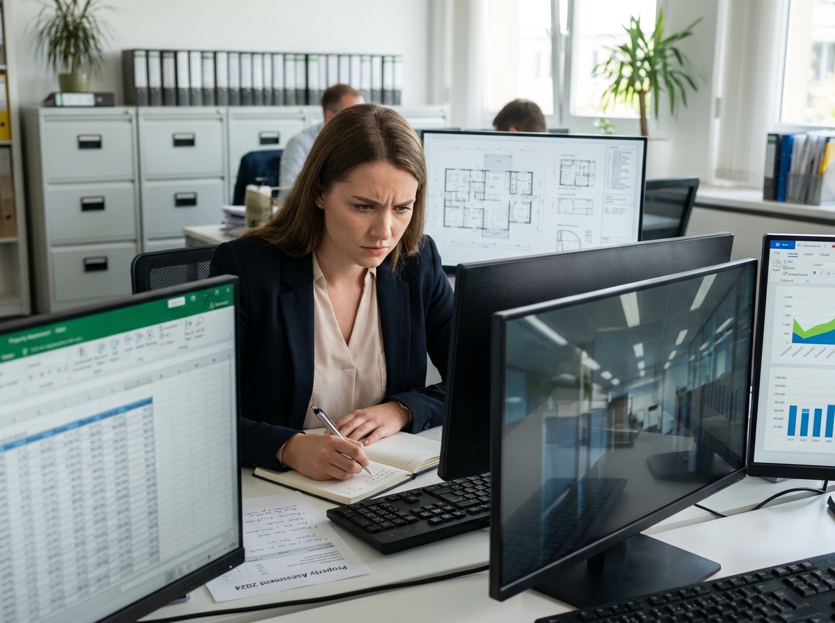 Analyste immobilier gérant un portefeuille de propriétés avec logiciels de gestion spécialisés