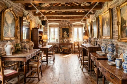 Intérieur d'une boutique d'antiquités en Haute-Savoie avec meubles anciens, miroirs dorés et objets de collection