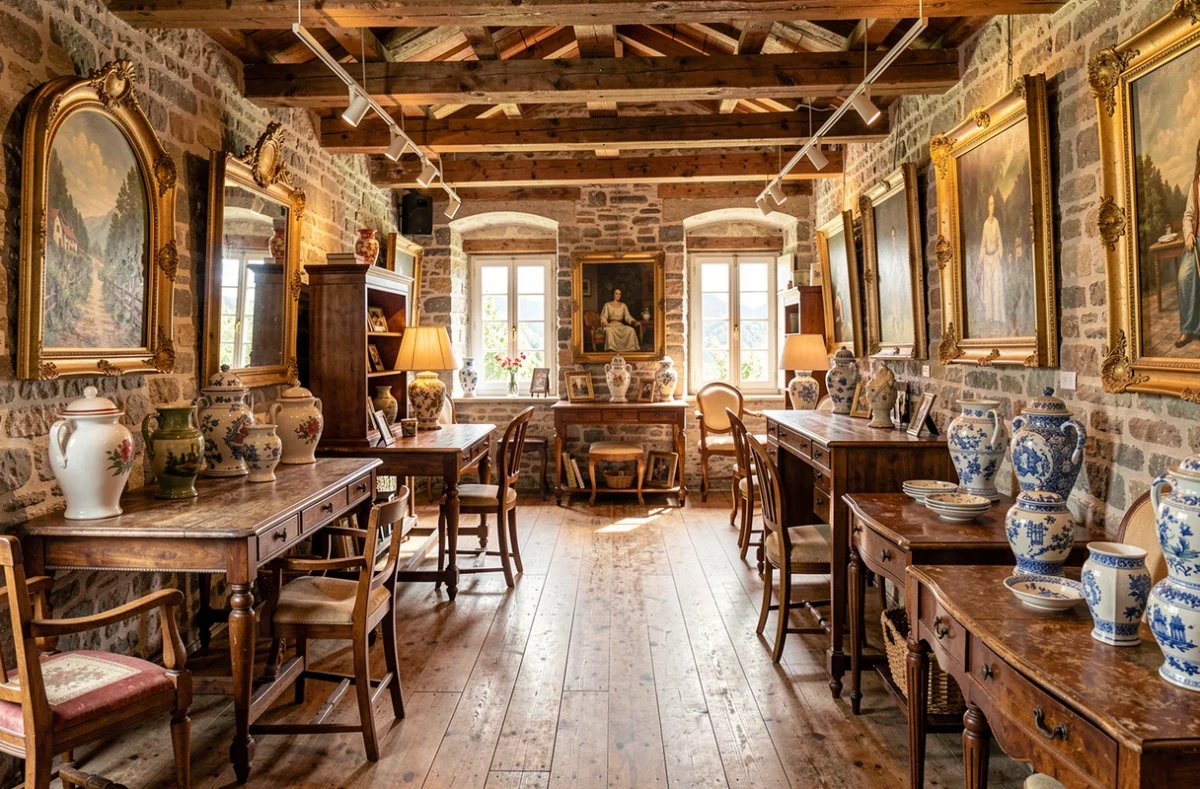 Intérieur d'une boutique d'antiquités en Haute-Savoie avec meubles anciens, miroirs dorés et objets de collection