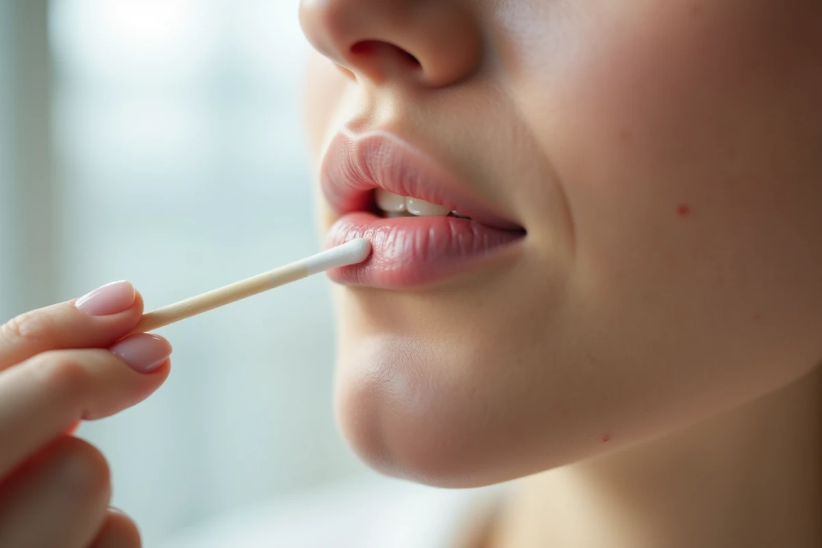 Application d'un traitement ou d'une crème antivirale sur un bouton de fièvre avec un coton-tige