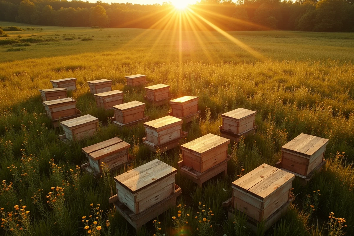 Vue aérienne d'un rucher avec plusieurs ruches en bois alignées dans un pré