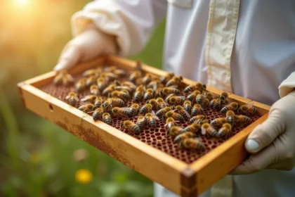 Apiculteur tenant un cadre de ruche couvert d'abeilles, vêtu d'une combinaison de protection blanche