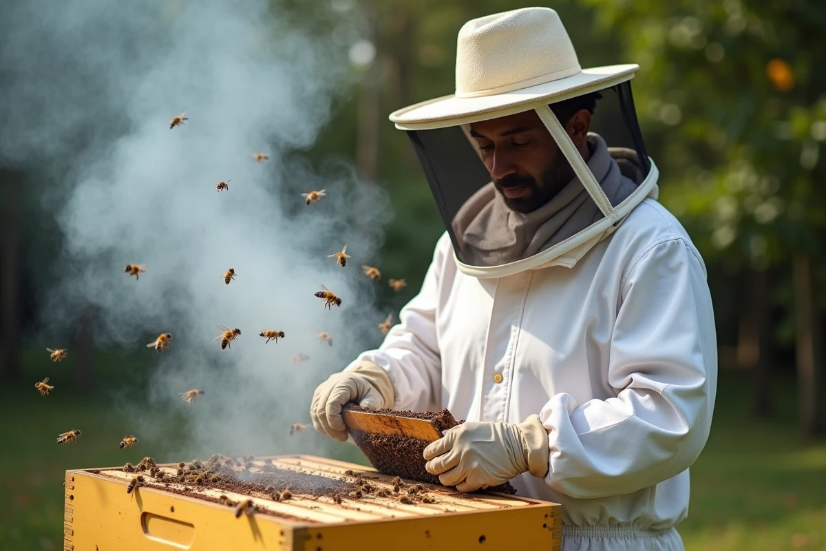 Apiculteur en combinaison blanche utilisant un enfumoir pour accéder à la ruche