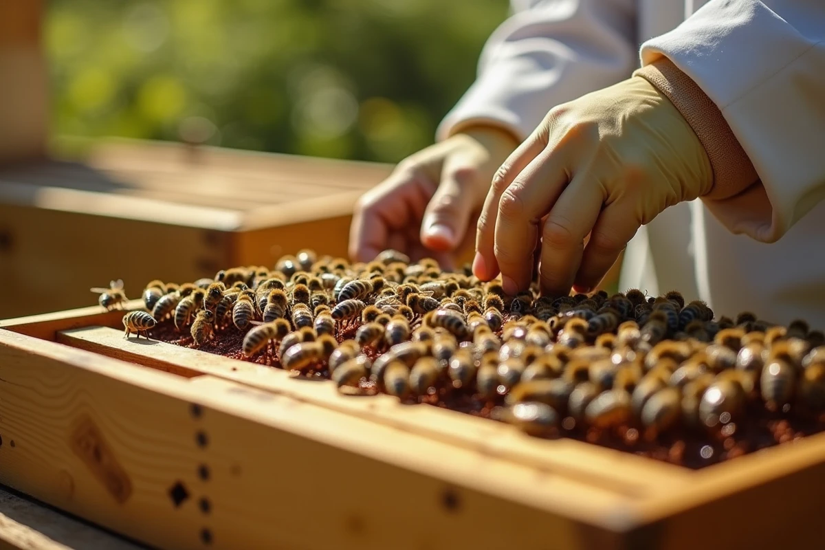 Apiculteur inspectant un cadre de ruche rempli d'abeilles et de miel