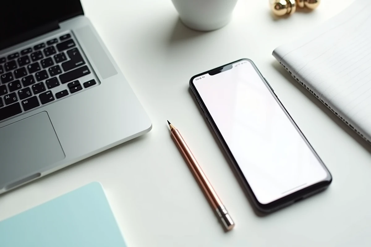 Application retouche photo mobile sur smartphone avec ordinateur et accessoires de travail