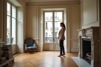 Femme explorant un appartement haussmannien avec parquet en chevrons et moulures au plafond dans le 17e arrondissement de Paris