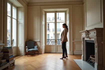 Femme explorant un appartement haussmannien avec parquet en chevrons et moulures au plafond dans le 17e arrondissement de Paris