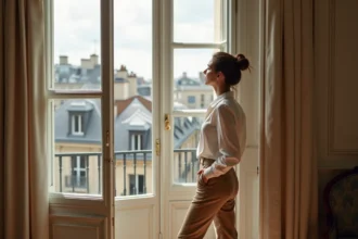 Femme élégante contemplant les toits de Paris depuis un appartement haussmannien d'exception au parquet en chevrons