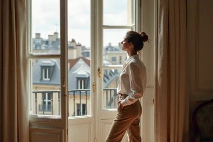 Femme élégante contemplant les toits de Paris depuis un appartement haussmannien d'exception au parquet en chevrons