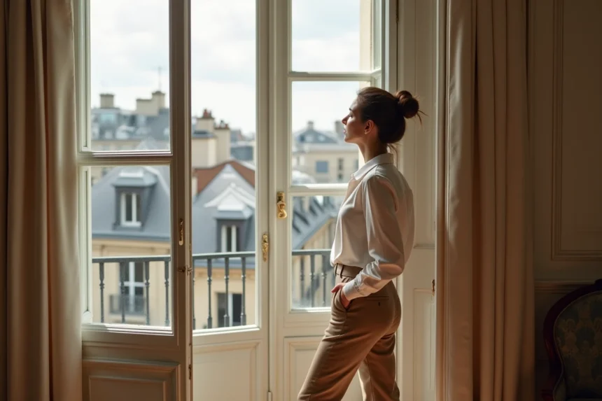 Femme élégante contemplant les toits de Paris depuis un appartement haussmannien d'exception au parquet en chevrons