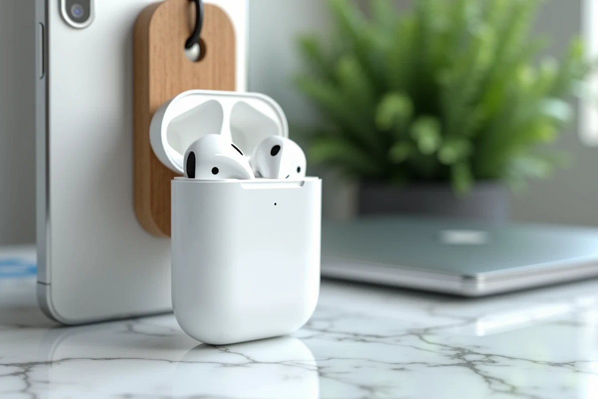 Apple AirPods Max 2e génération en argent accrochés près d'un iPhone et MacBook sur un bureau en marbre blanc
