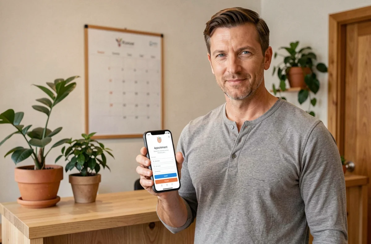 Propriétaire de petite entreprise consultant un logiciel de rendez-vous en ligne gratuit sur smartphone dans un studio wellness