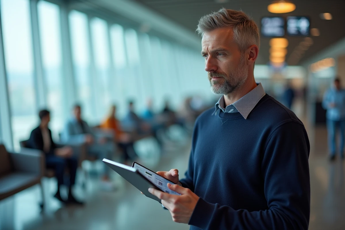 Homme consultant une application de réservation de voyage sur tablette dans un salon d'aéroport