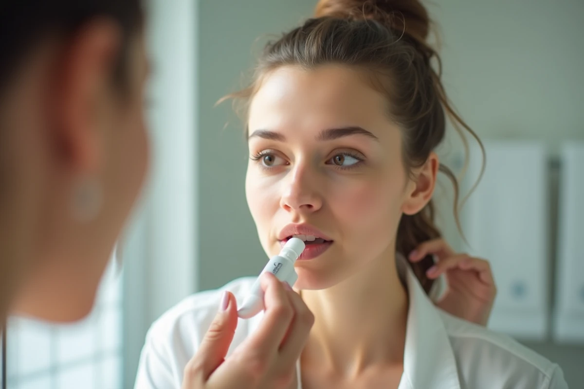 Femme appliquant un traitement contre le bouton de fièvre à sa lèvre