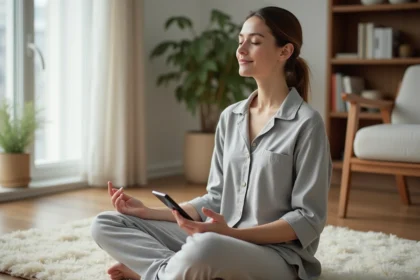 Femme pratiquant la méditation avec une application sur smartphone dans un salon minimaliste