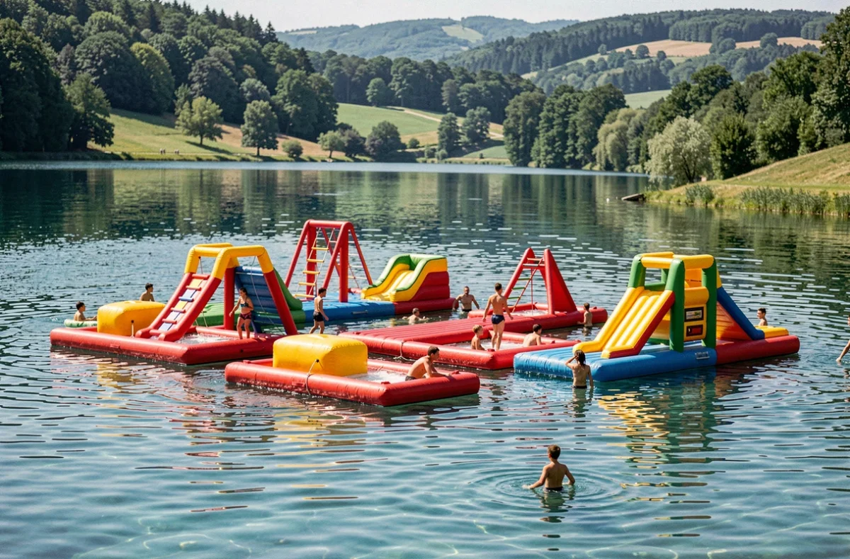 Parc aquatique gonflable AquaFunPark Laives sur le lac, avec obstacles colorés flottants et nageurs en action