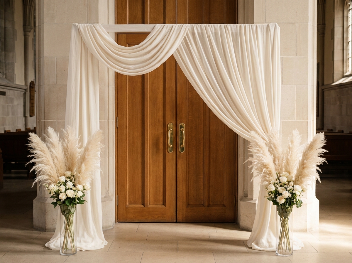 arche de mariage minimaliste avec drapé ivoire et arrangement de pampas grass blanc pour cérémonie