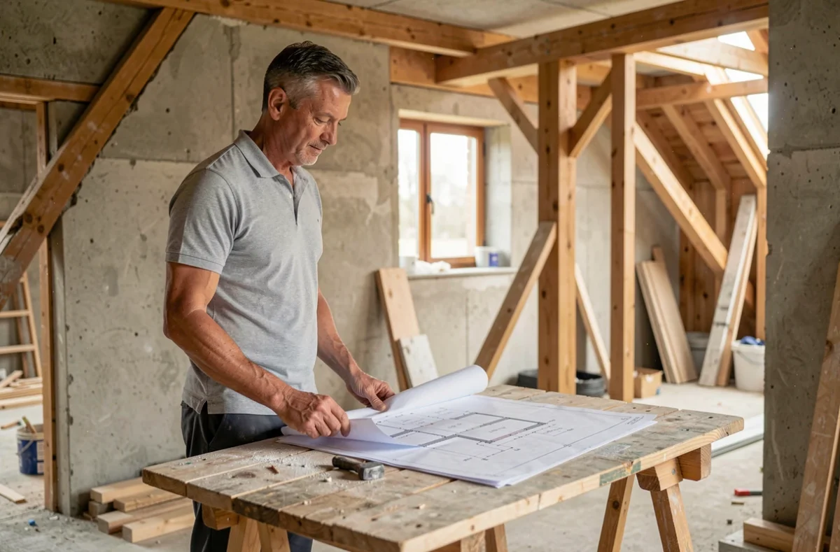Architecte normand examinant des plans de construction à l'intérieur d'une maison individuelle en cours de construction