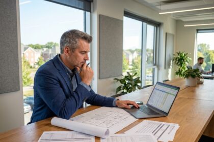 Architecte examininant les plans et le budget d'une construction de maison moderne à Saint-Grégoire avec des documents de devis détaillés sur un bureau