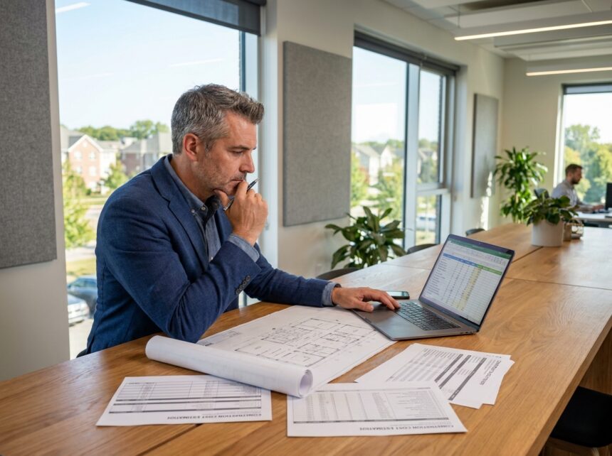 Architecte examininant les plans et le budget d'une construction de maison moderne à Saint-Grégoire avec des documents de devis détaillés sur un bureau