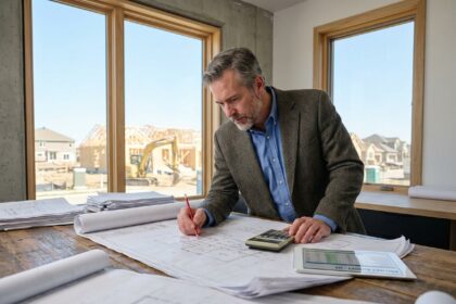 Architecte consultant les plans et budget d'une maison moderne à Saint-Grégoire, avec vue sur le chantier de construction