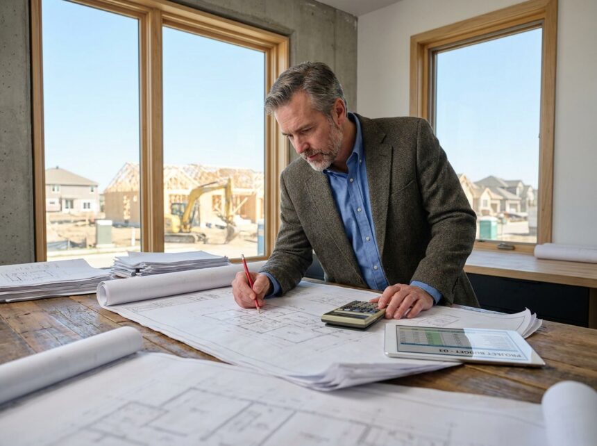 Architecte consultant les plans et budget d'une maison moderne à Saint-Grégoire, avec vue sur le chantier de construction