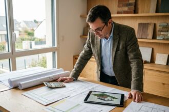 Architecte consultant examinant des plans de construction et devis budgétaire pour projet immobilier à Saint-Grégoire